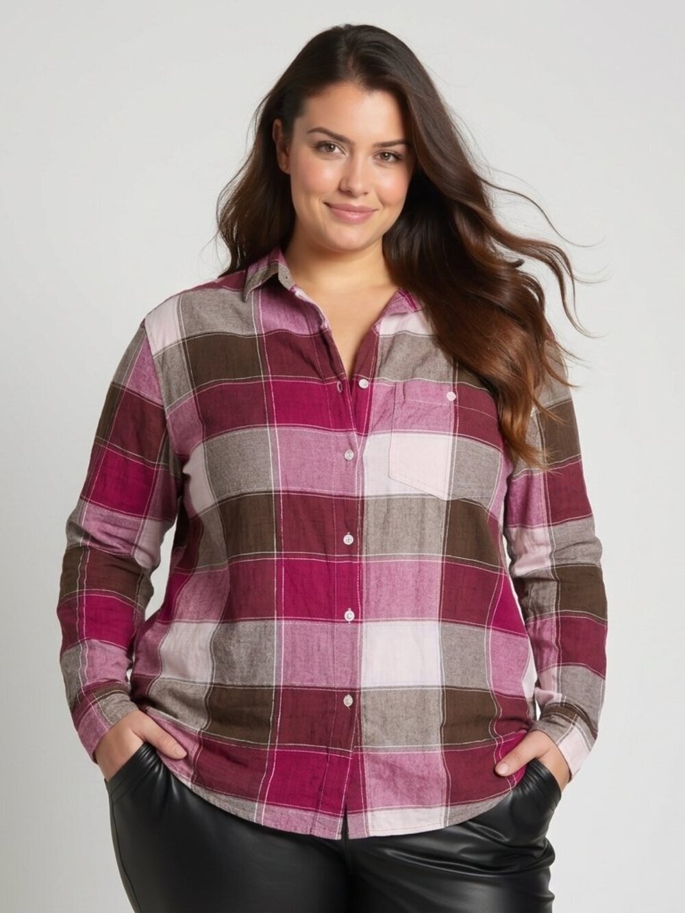 Vintage 90s Cotton Brown Cream Pink Checks Metallic Thread Button Down Shirt